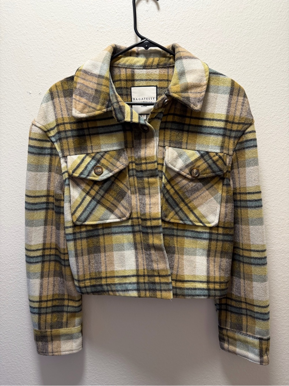 bagatelle Mustard Yellow and Brown Plaid Cropped Teddy Jacket
